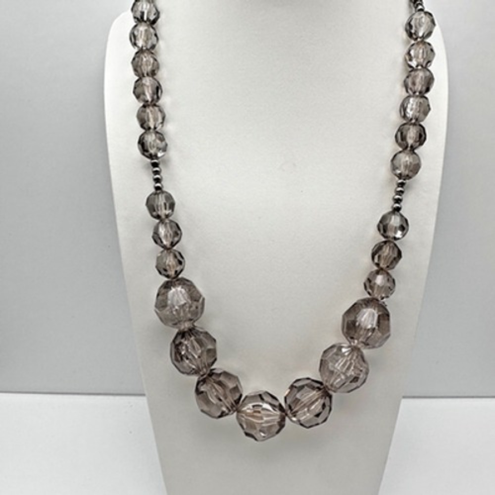 Vintage 90s Smokey Gray Glass Bead Necklace Silver Tone Statement Jewelry Retro